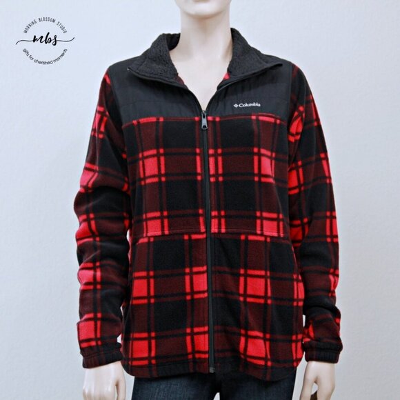 Columbia Benton Springs Overlay Plaid Check Zip Fleece Jacket Red Black Women M - Picture 5 of 10